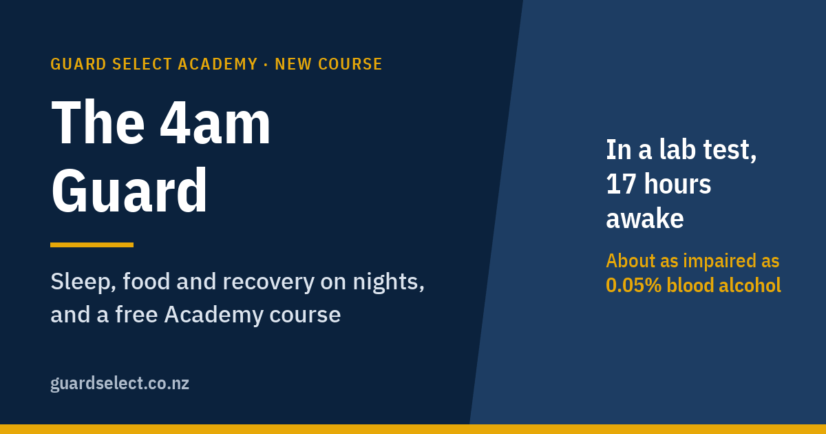 Cover: The 4am Guard. Sleep, food and recovery on nights. In a lab test, 17 hours awake impaired performance about as much as 0.05% blood alcohol.